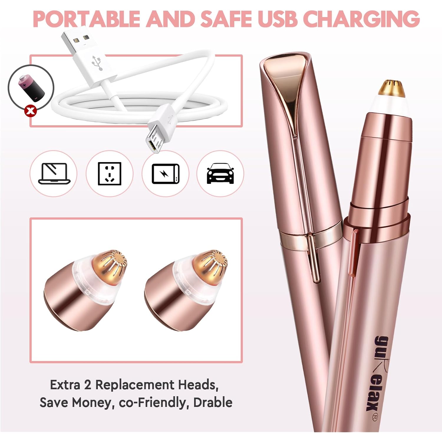 Eyebrow Trimmer for Women, Rechargeable Eyebrow Hair Remover, Painless Electric Razor with 2 x Replacement Heads, Eye Brow and Face Epilator Hair Removal (Rose Gold)