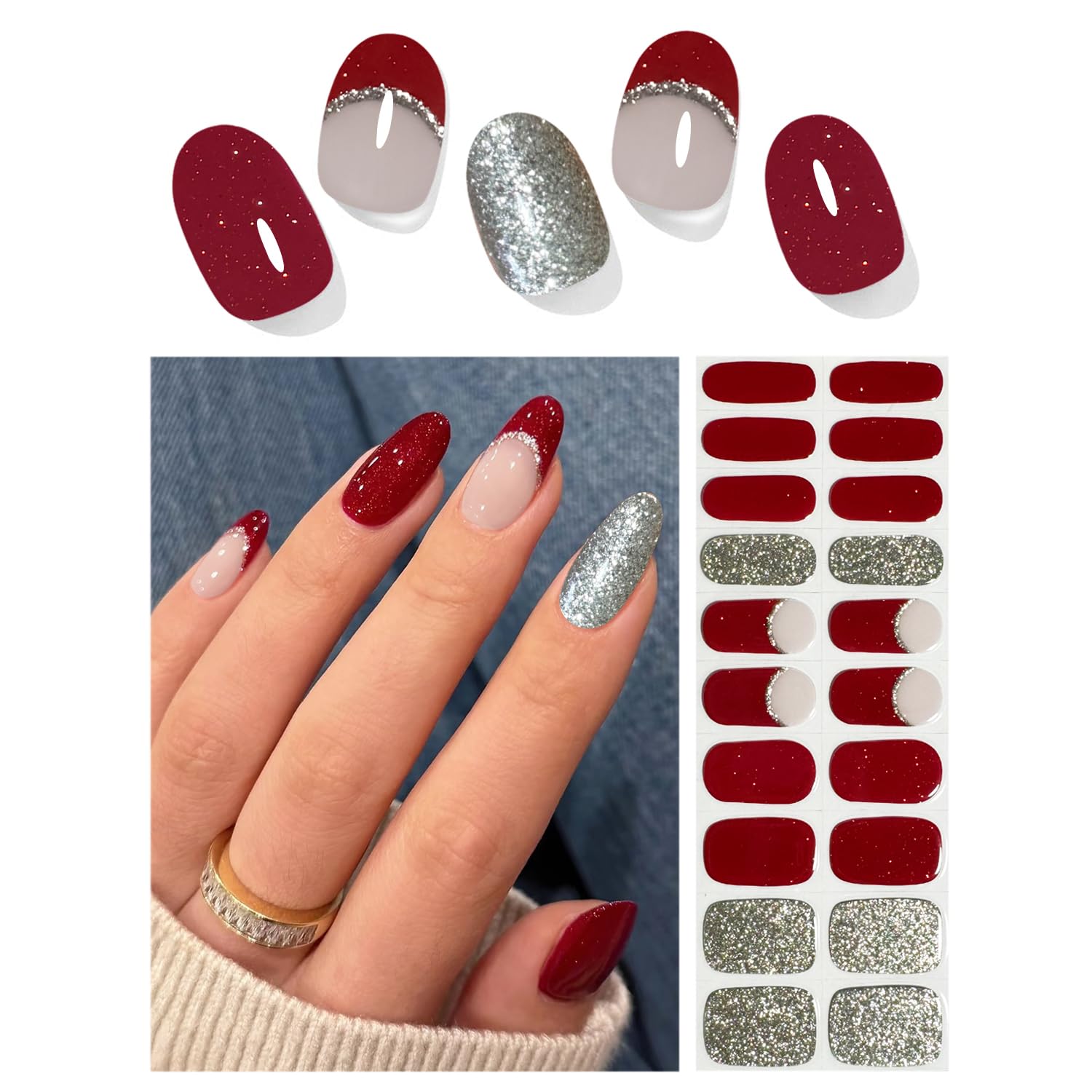 Semi Cured Gel Nail Strips, 20pcs Red Glitter Wraps Work with UV for Home Nail Art DIY, Easy to Use and Remove