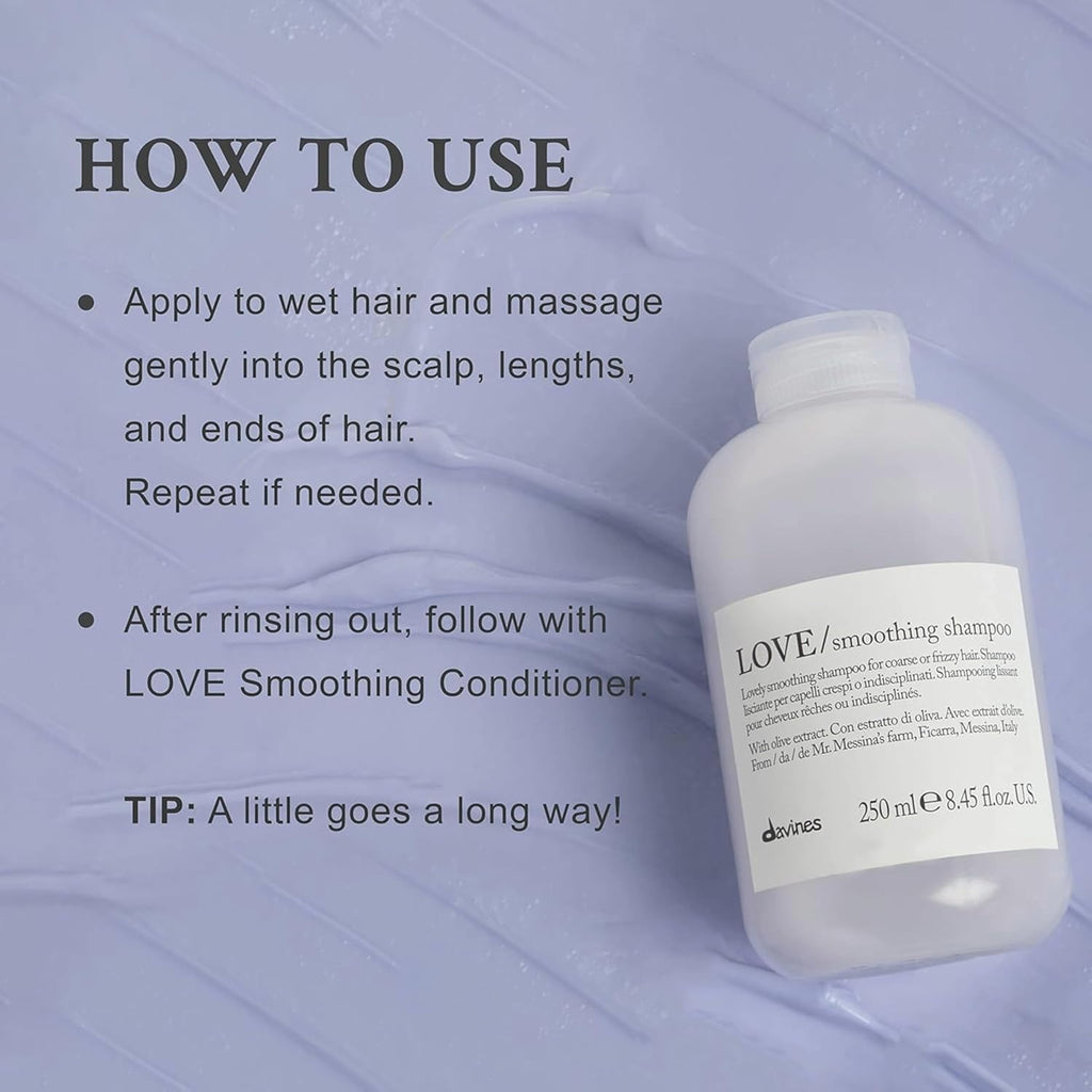 Davines Love/Smoothing Shampoo, Gentle Anti-Frizz Cleanser For Frizzy, Coarse Or Unruly Hair - Promotes Straightening & Shine - Apple Pulp Formula For Soft, Tamed & Sleek Strands