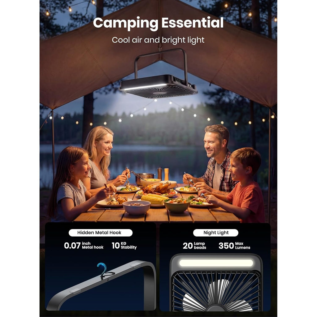 Warmco D4 Battery Powered Camping Fan 20000Mah, Led Lantern | Up To 48H Runtime, Ultra-Slim Quiet 8-Inch Fan, Digital Display & Hook For Tent, Bedroom, Outdoor & Travel