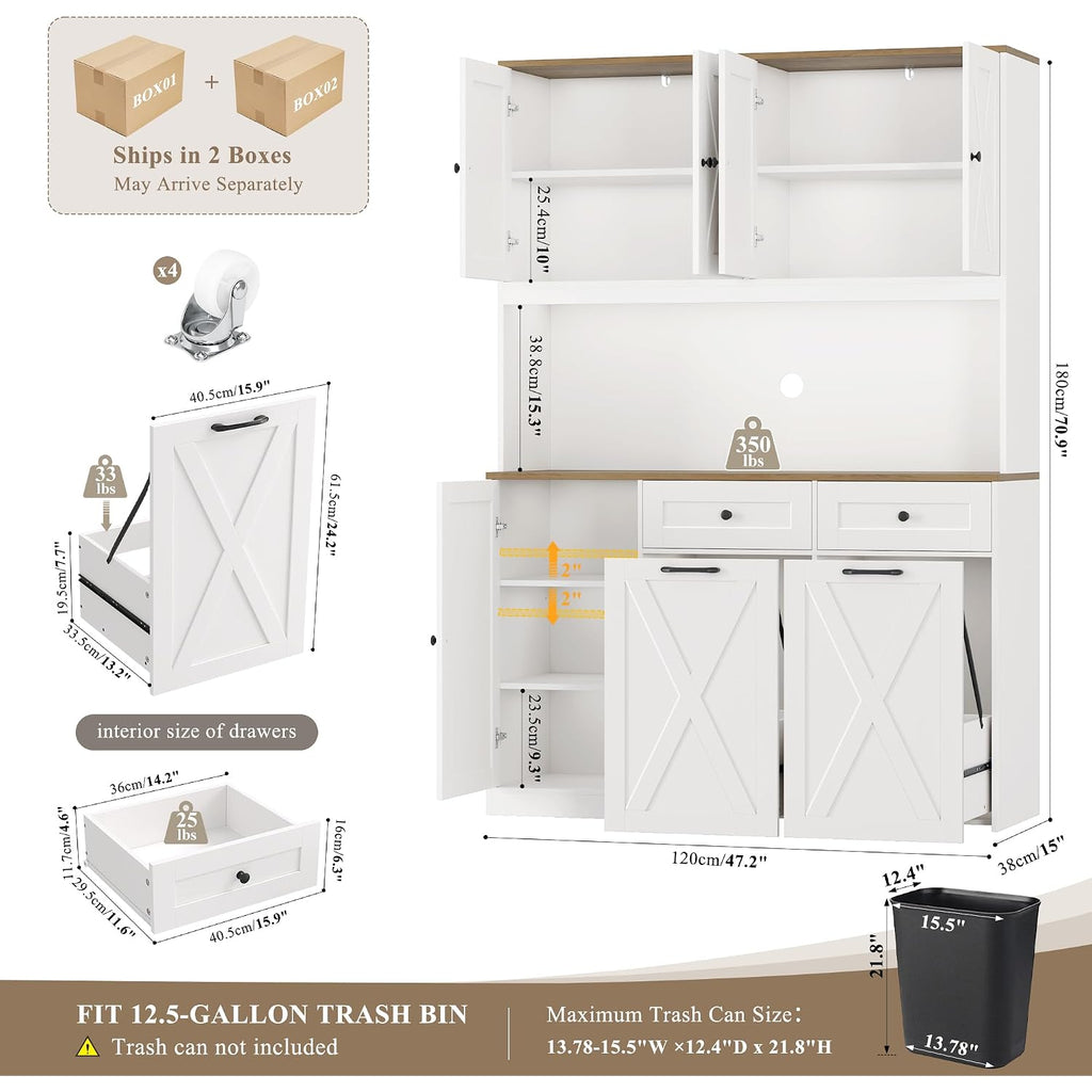 Hostack 71" Kitchen Pantry With 12.5 Gallon Double Trash Can Cabinet, White | Farmhouse Garbage Can Cabinet With Pull Out Trash Can Storage, 47"W Kitchen Hutch With Hidden Garbage Storage For Dining Room