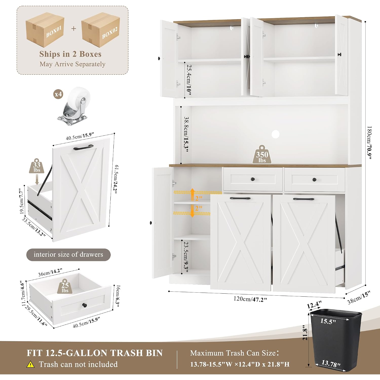 Hostack 71" Kitchen Pantry With 12.5 Gallon Double Trash Can Cabinet, White | Farmhouse Garbage Can Cabinet With Pull Out Trash Can Storage, 47"W Kitchen Hutch With Hidden Garbage Storage For Dining Room