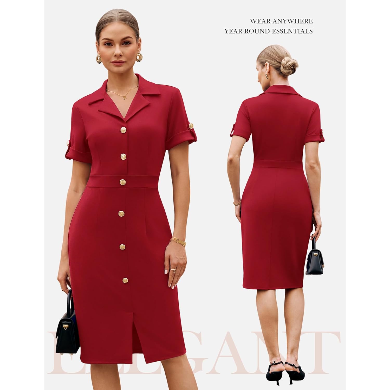 Work Dresses for Women 2026 Short Sleeve Button Bodycon Dress Pencil Office Midi Dress with Pockets