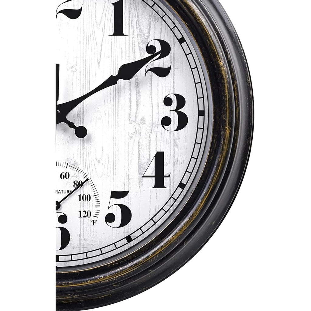 45Minst 12 Inch Indoor/Outdoor Retro Round Waterproof Wall Clock With Thermometer, Silent Non Ticking Battery Operated Quality Quartz Wall Clock Home/Patio Decor(Black Gold)