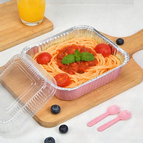 (35-Pack) Pink 8x8 Inch Disposable Aluminum Pans with Plastic Lids,Stickers and Cake Spoons,Square Cake Pans for Parties,Baking Trays,Foil Pans for Holiday Cooking, Parties Meal Prep, Storage