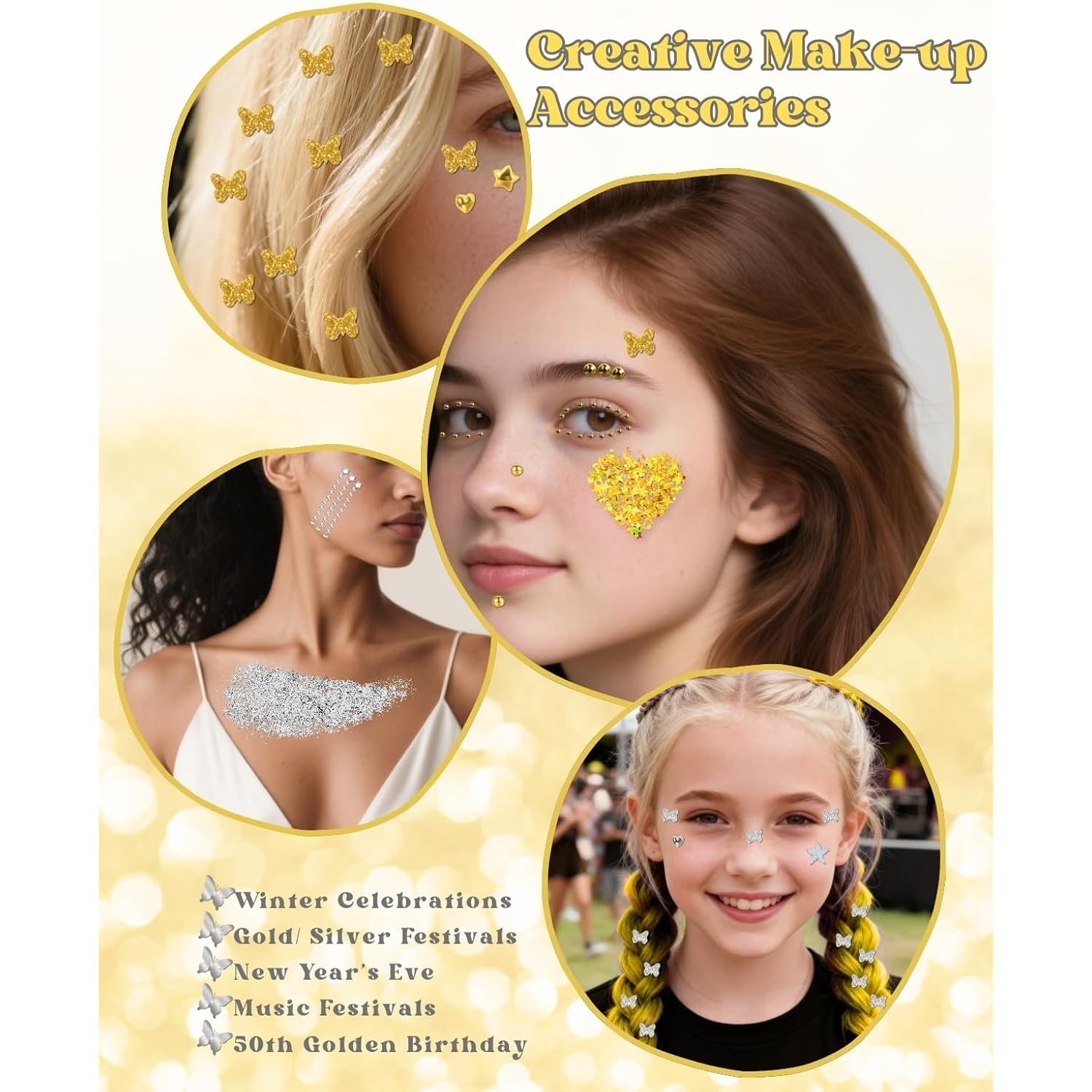 6+4 Gold Silver Face Gems Body Glitter Set: Sparkly Face Hair Glitter Gel & Self Adhesive Butterfly Heart Stars Stickers for Women Disco 50th Birthday Easter Party Makeup Accessories (Gold,Silver)