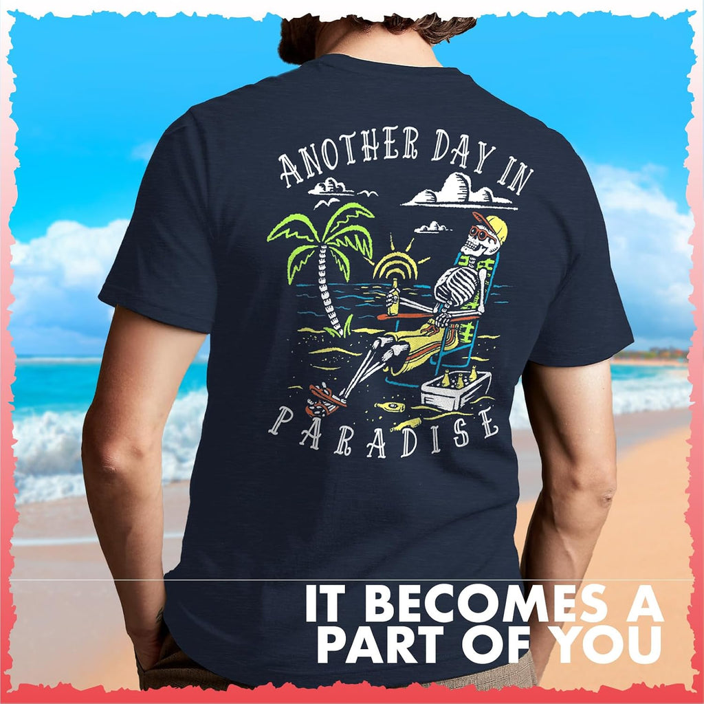 Salty Bones Another Day In Paradise Tropical Beach Graphic T-Shirt, 100% Ringspun Cotton, Classic Fit,Printed In Usa