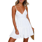 Ecowish Summer Dresses For Women 2026 V-Neck Spaghetti Strap Bowknot Backless Sleeveless Lace Mini Swing Skater Dress