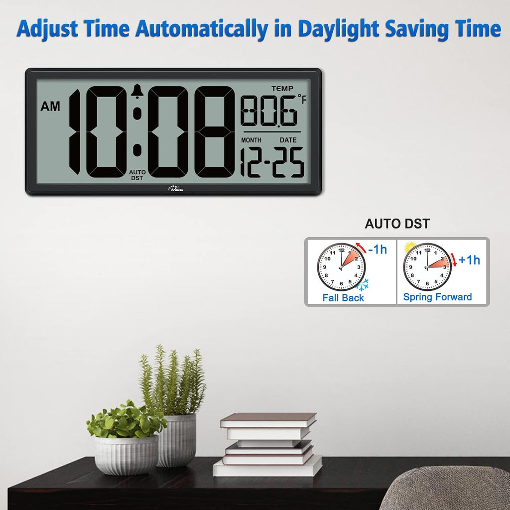 14.5'' Large Digital Wall Clock Battery Operated With Jumbo Numbers, Temperature And Date - Easy To Read And Set, Auto Dst