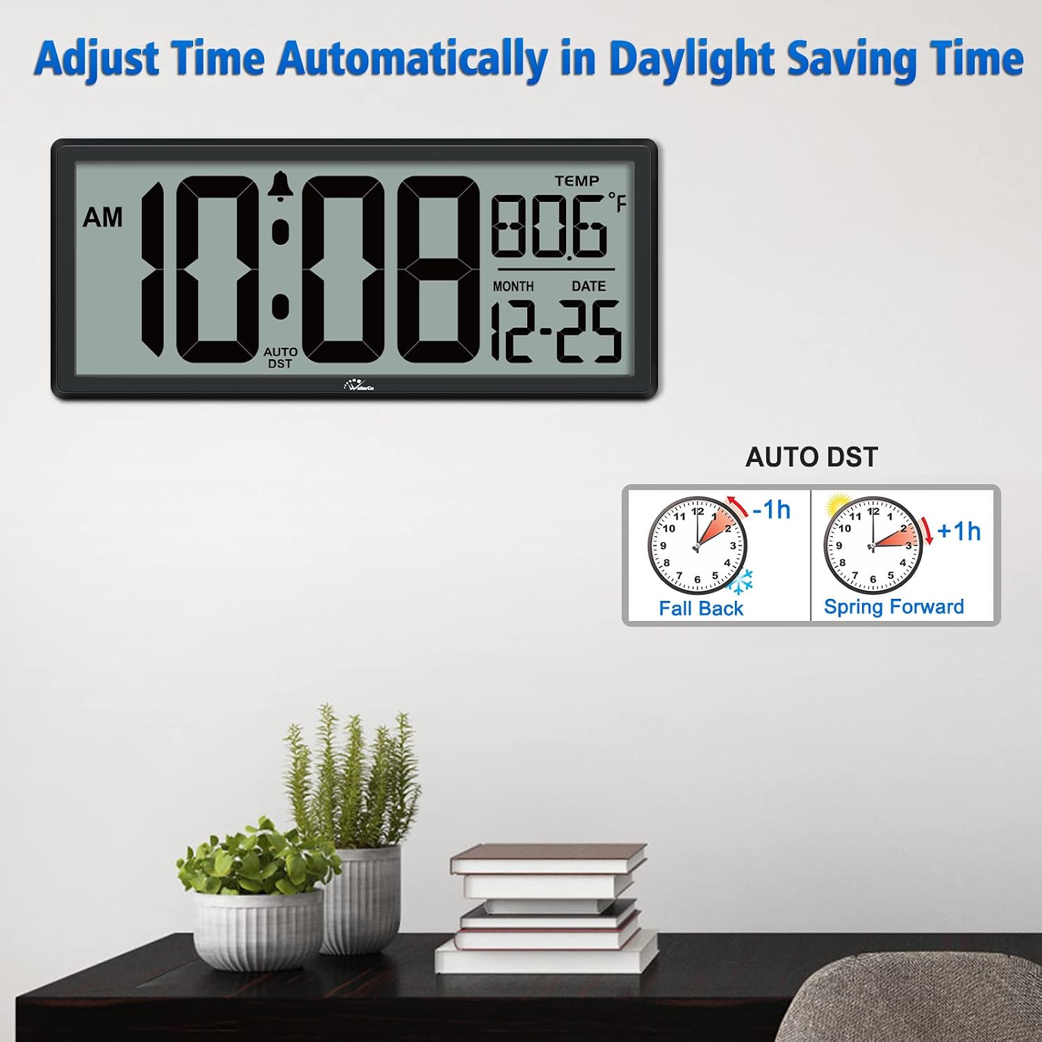 14.5'' Large Digital Wall Clock Battery Operated With Jumbo Numbers, Temperature And Date - Easy To Read And Set, Auto Dst