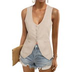 Tankaneo Womens Scoop Neck Blazer Vest Summer Sleeveless Fitted Waistcoat | Work Casual, Cotton Suit Tops, Business Casual Outfits, Button Down, Trendy