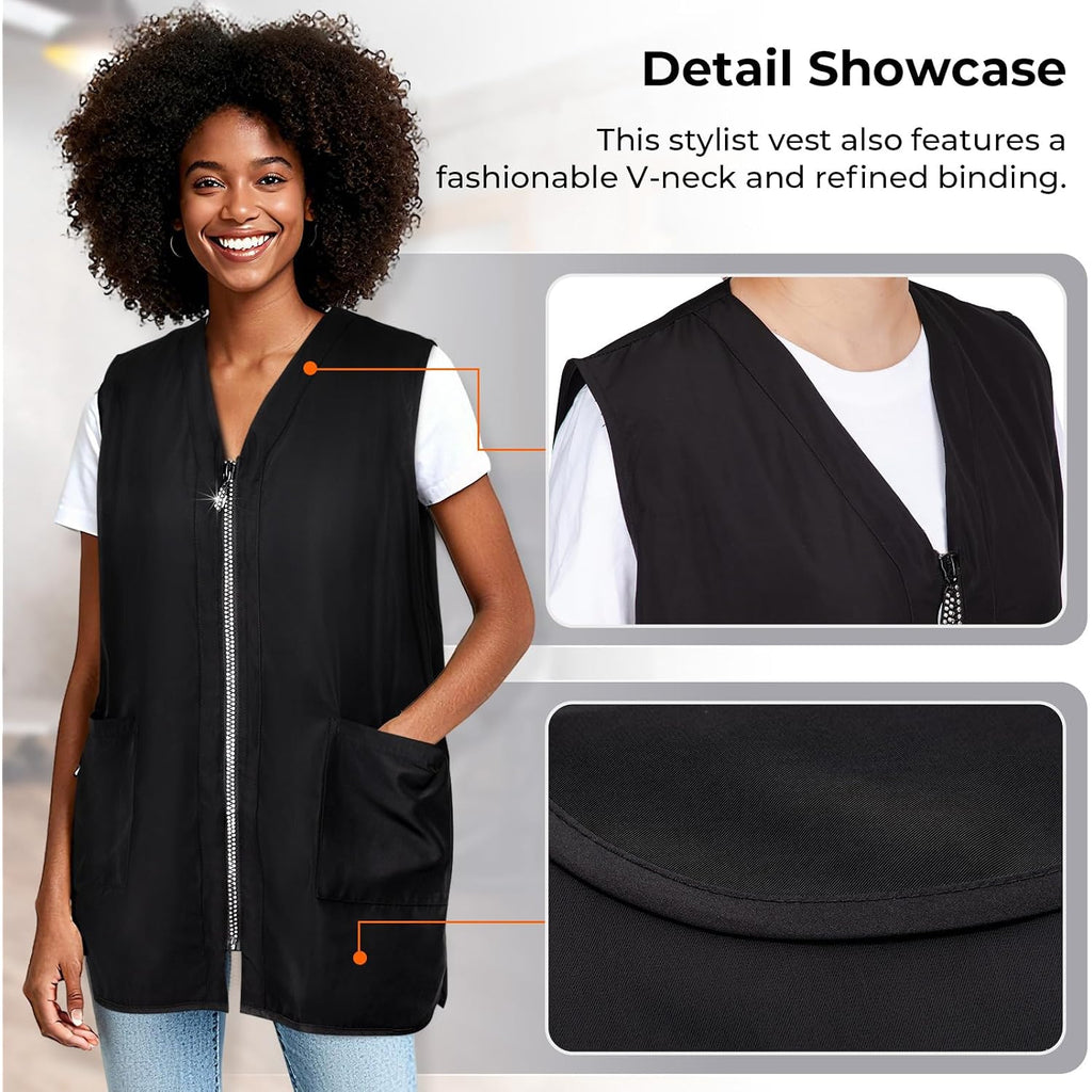 Noverlife Glitz Rhinestone Closure Stylist Vest, V-Neckline Baber Smock Zip Up Vest With 2 Front Pockets For Hair Salon