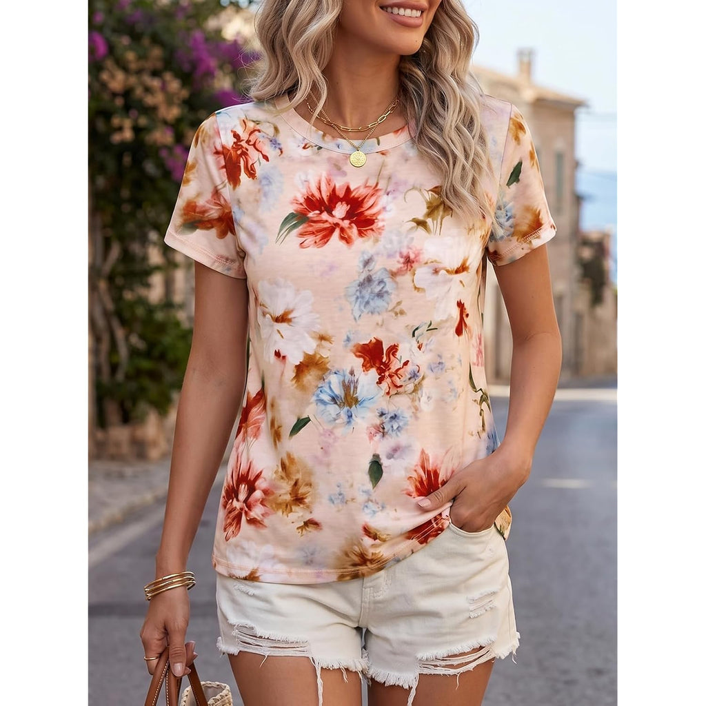 Cicy Bell Womens Summer Floral T-Shirts Short Sleeve Crew Neck Trendy Casual Tops Loose Fit Tees
