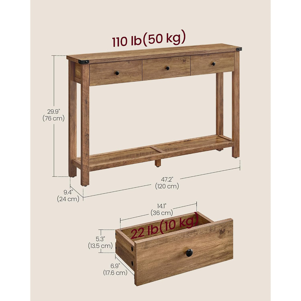 Vasagle Liry Collection Narrow Console Table With 3 Drawers, Brown | Sofa Table With Storage Shelf, Metal Corners, Farmhouse Style, Ulnt142Kb02S