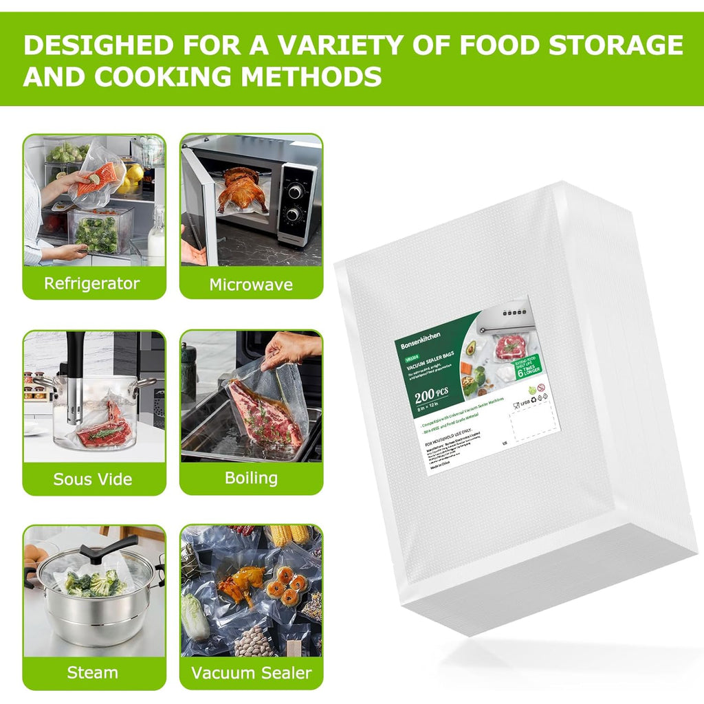 Bonsenkitchen Precut Vacuum Sealer Bags 200 Quart 8" x 12", BPA Free, Commercial Grade Textured Food Vacuum Sealer Bag, Thick Embossed Bags for Storage and Sous Vide Cooking VB3208