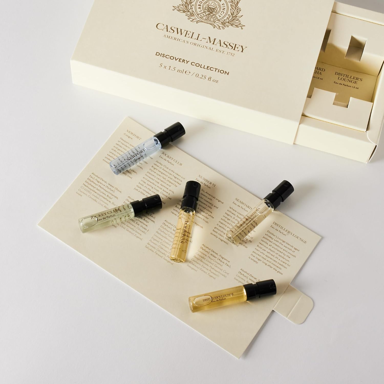 Caswell-Massey Fragrance Discovery Collection For Men – 5-Piece Sample Set – Number Six, Jockey Club, Newport, Distiller’S Lounge & Seaboard Matcha