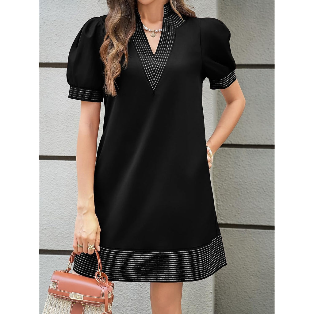 Wenrine Womens Summer V Neck Shift Dresses Casual Puff Short Sleeve Color Block Short Boho Beach Dresses With Pockets