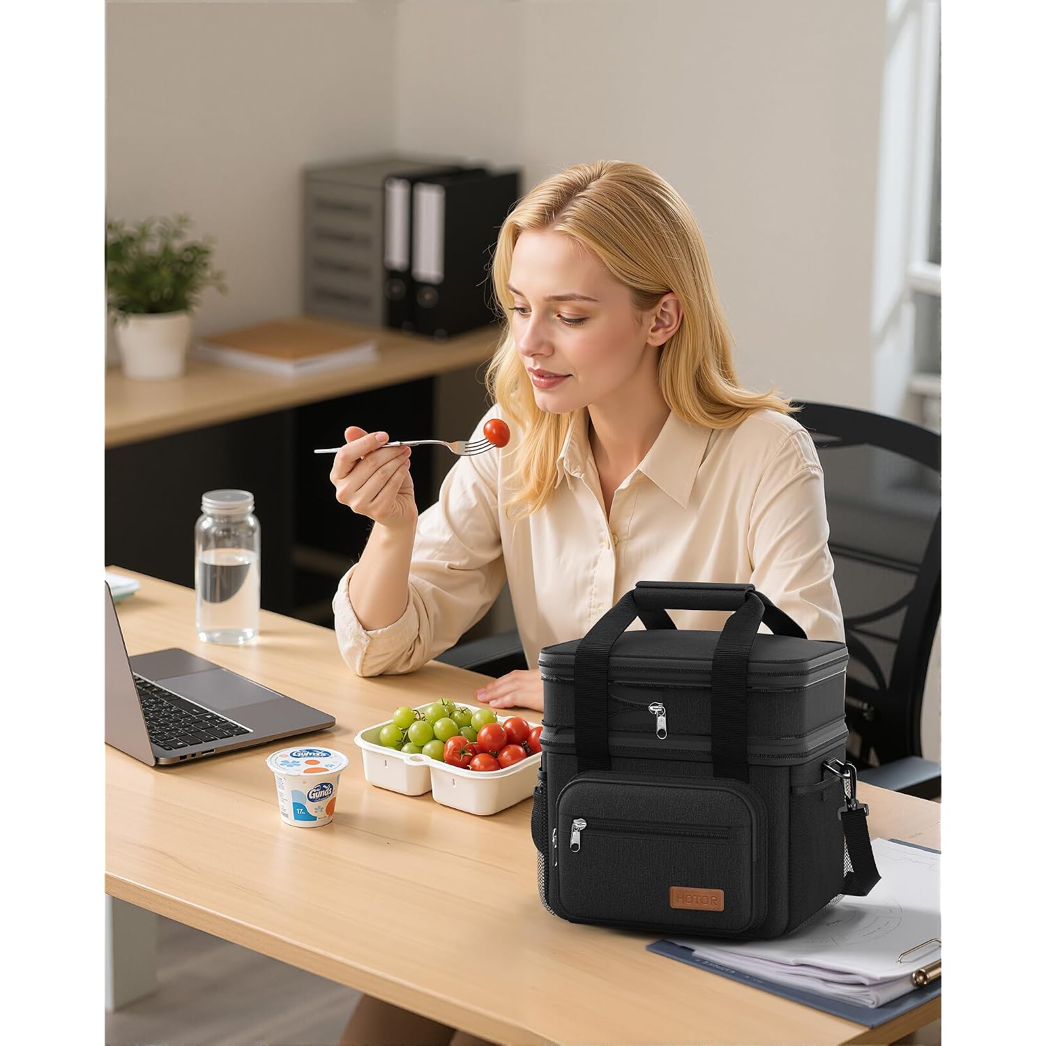 Hotor Lunch Box For Men & Women - Double-Layer Insulated Lunch Bag With Leakproof Liner, Portable Cooler For Work, Travel, Or Picnic, Black, 12L, 11.1" X 9.7" X 6.7"