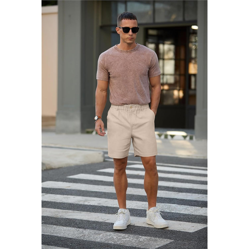 Rqp Men'S Cotton Casual Classic-Fit 7" Chino Shorts Elastic Waist Daily Wear Dress Baech Summer Shorts