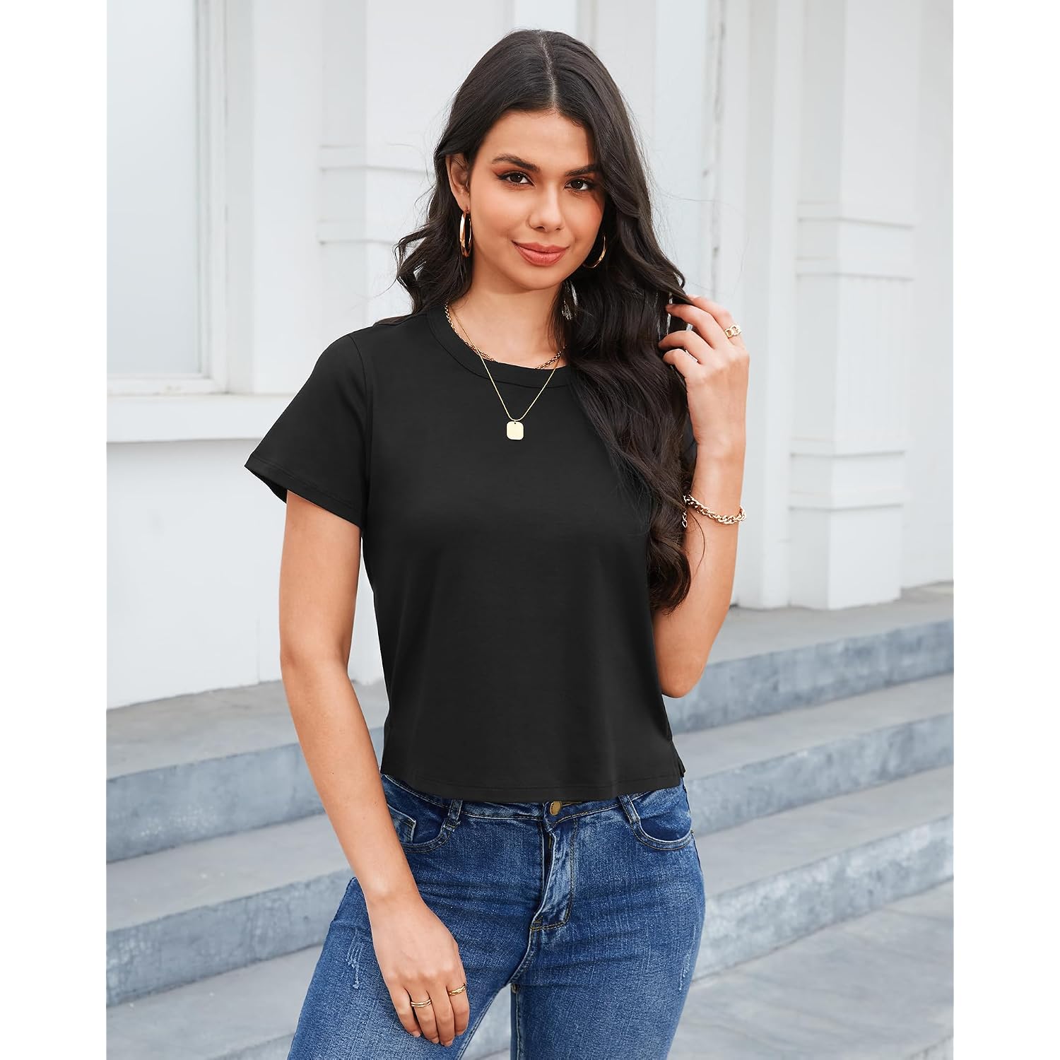 Stelle Women's Cotton T-Shirts Crewneck Short Sleeve Basic Tees Summer Casual Solid Crop Tops