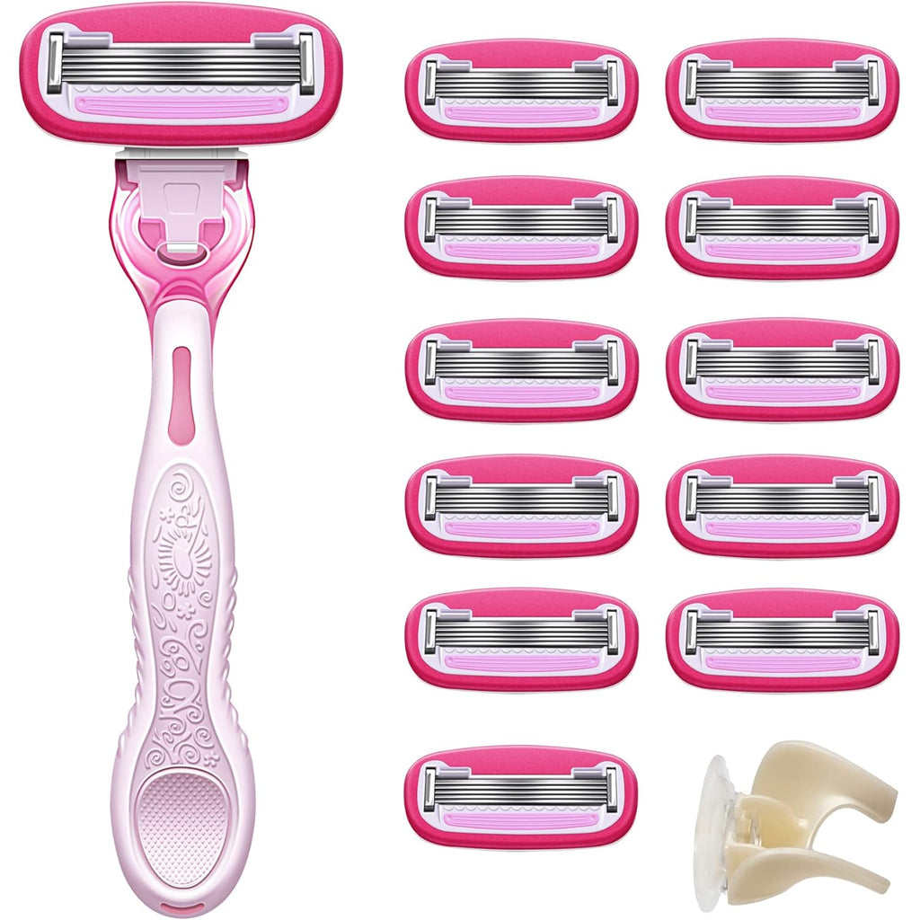 Amazon Basics Women's 5-Blade Razor for Smooth, Close Shave, FITS Amazon Basics Handle and Venus Handles, Ideal for Sensitive Skin, Includes 1 Handle, 12 Cartridges & 1 Shower Holder