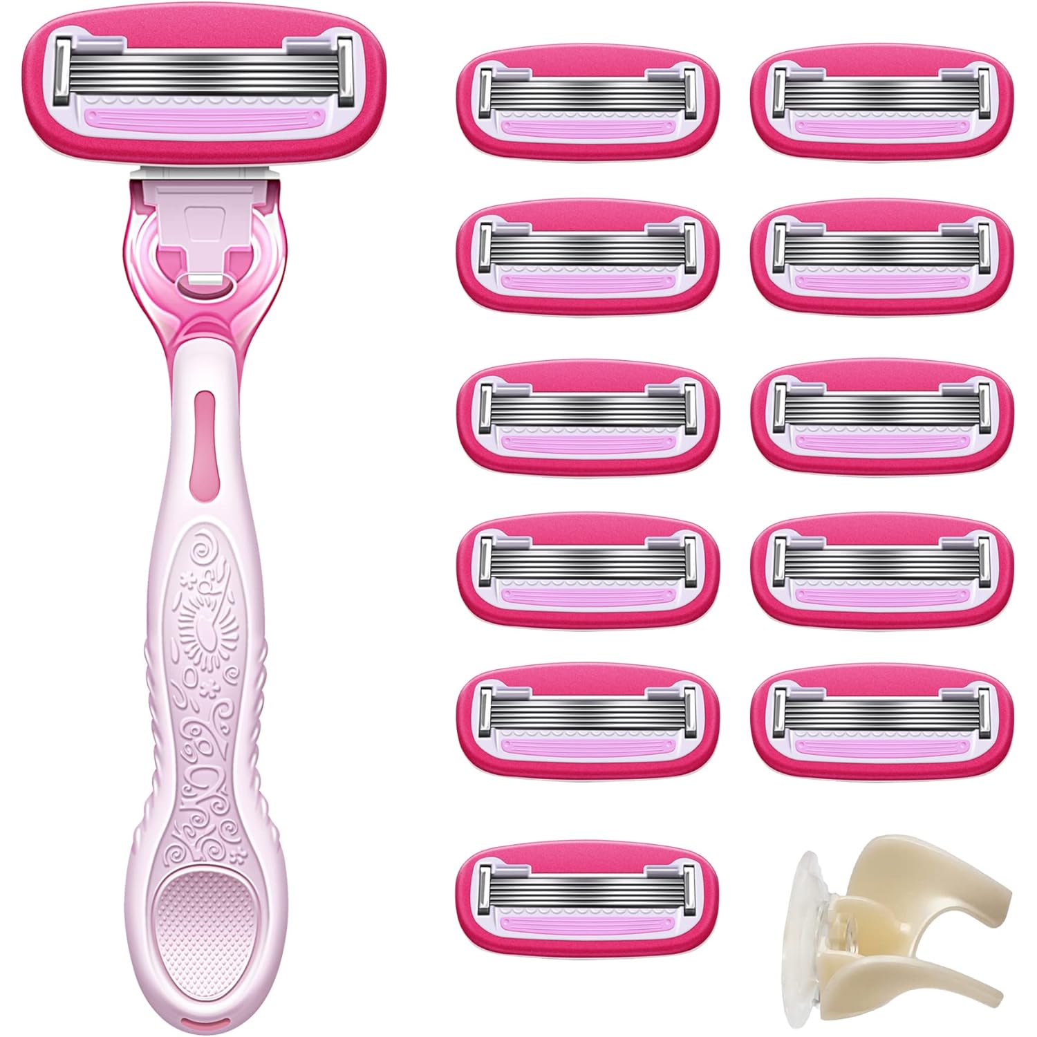 Amazon Basics Women's 5-Blade Razor for Smooth, Close Shave, FITS Amazon Basics Handle and Venus Handles, Ideal for Sensitive Skin, Includes 1 Handle, 12 Cartridges & 1 Shower Holder