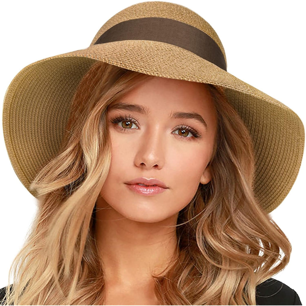 FURTALK Womens Beach Sun Straw Hat UV UPF 80+ Travel Foldable Brim Summer UV Hat