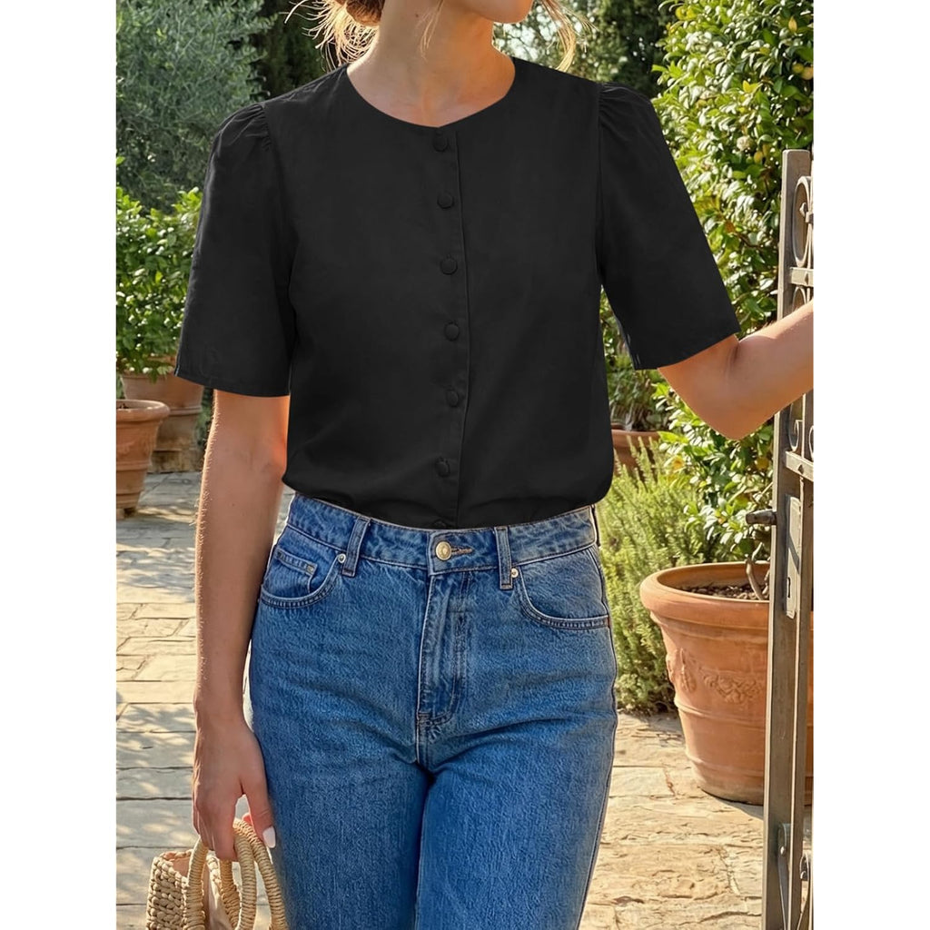 Womens Short Puff Sleeve Button Down Shirts Dressy Casual Blouses Summer Round Neck Cotton Tops