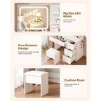 Livelyglow White Makeup Vanity Desk With Charging Station & 4 Drawers | Smart Led Mirror, Cushioned-Stool, Hairdryer-Rack