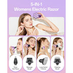 5-in-1 Electric Razors for Women, 7D Magnetic Heads Full Body Shaver, Waterproof Wet Dry Hair Remover with LED Display, Rechargeable Bikini Trimmer for Underarms, Face, Legs, Lips, Arms (Purple)