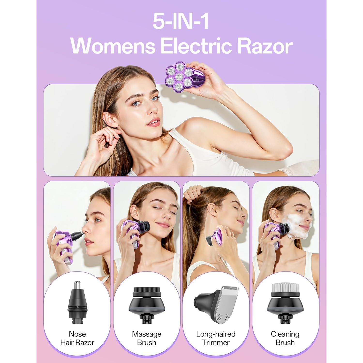 5-in-1 Electric Razors for Women, 7D Magnetic Heads Full Body Shaver, Waterproof Wet Dry Hair Remover with LED Display, Rechargeable Bikini Trimmer for Underarms, Face, Legs, Lips, Arms (Purple)