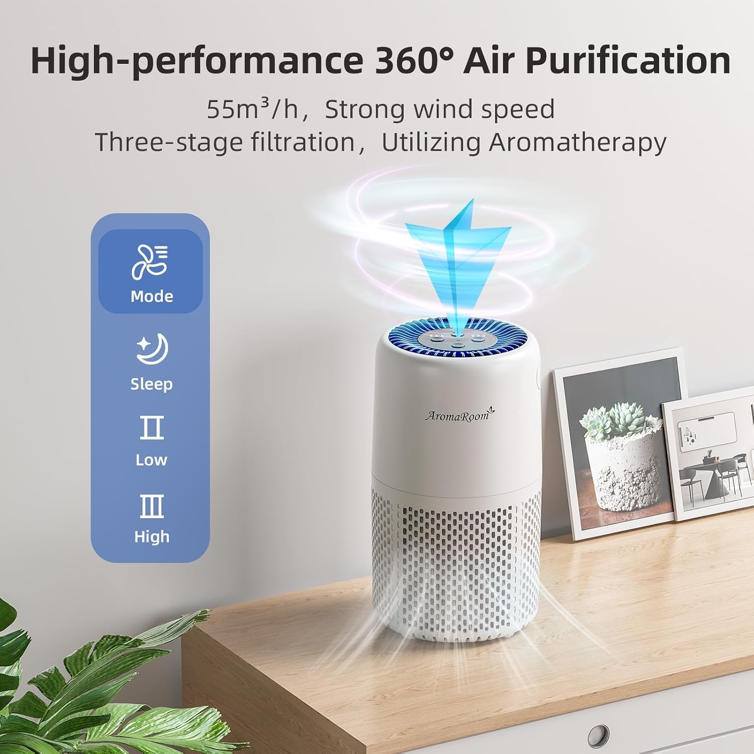 Aromaroom Air Purifier For Home Bedroom, H13 Hepa Air Filter For Smoke Pollen Dander Pet Hair, Sleep Mode, Quiet Air Cleaner For Pets, Home, Baby Room (White)