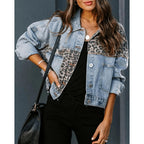 Rintonix Womens Button Down Distressed Leopard Denim Jean Jacket Washed Long Sleeve Ripped Cheetah Jean Coat