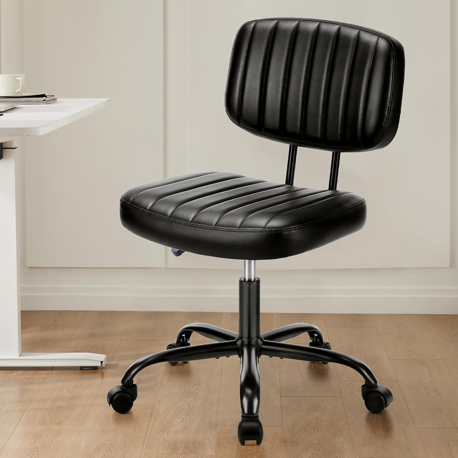Sweetcrispy Small Office Desk Chair, Armless Pu Leather With Comfy Lumbar Support, Height Adjustable Rolling Swivel Task For No Arms, For Adult, Student, Bedroom, Home, Vanity, Black