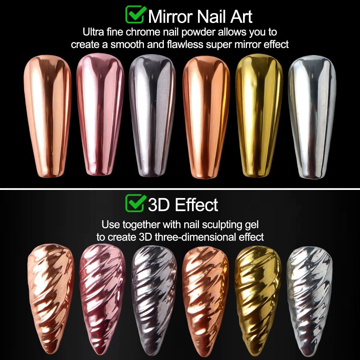 6 Colors Chrome Nail Powder Kit, Rose Gold Bronze Black Chrome Powder for Nails, Magic Mirror Effect Pigment Metallic Rubbing Dust Fine Glitter Powders for Gel Polish Nail Art Decoration
