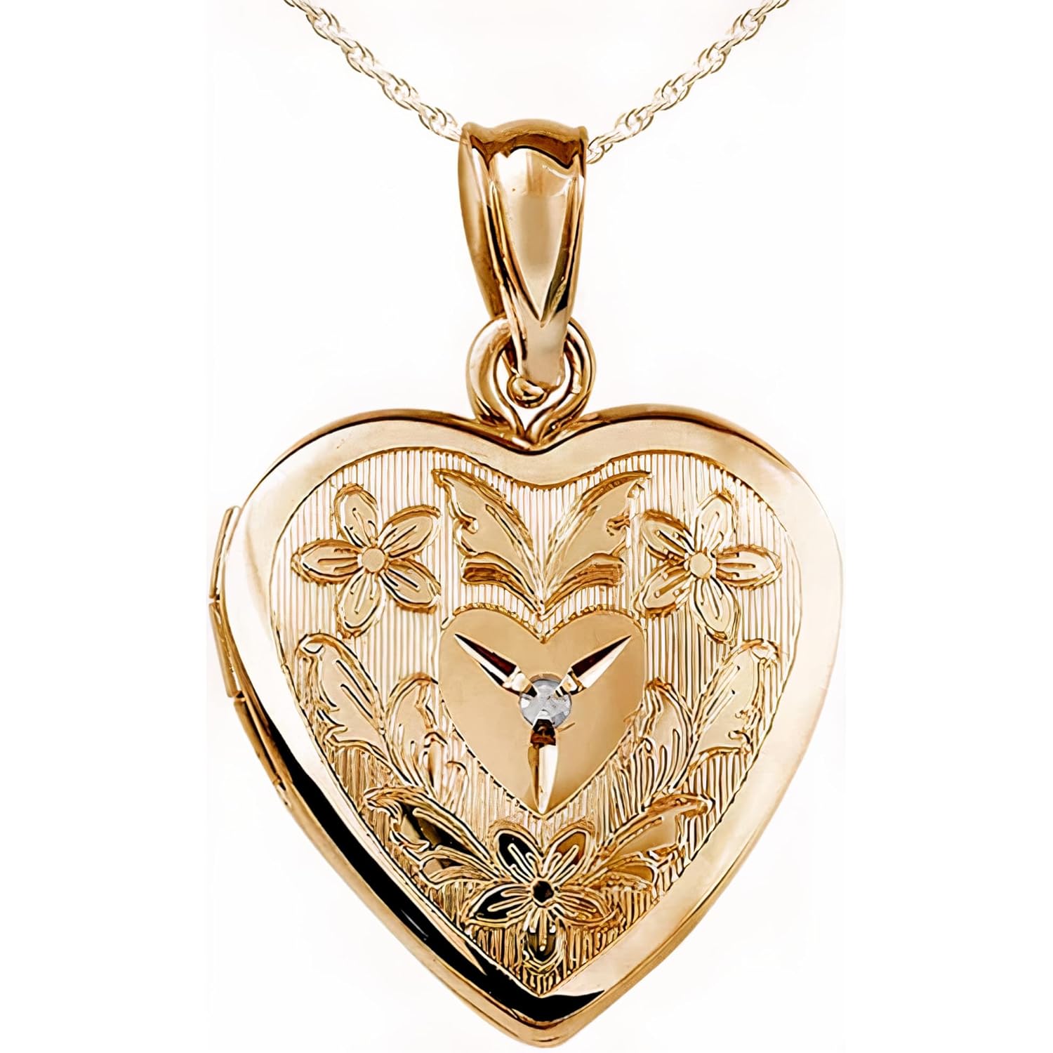 PicturesOnGold.com 14K Gold Filled Floral Heart Photo Locket with Diamond - 3/4 inch x 3/4 inch - Includes 18 inch Chain
