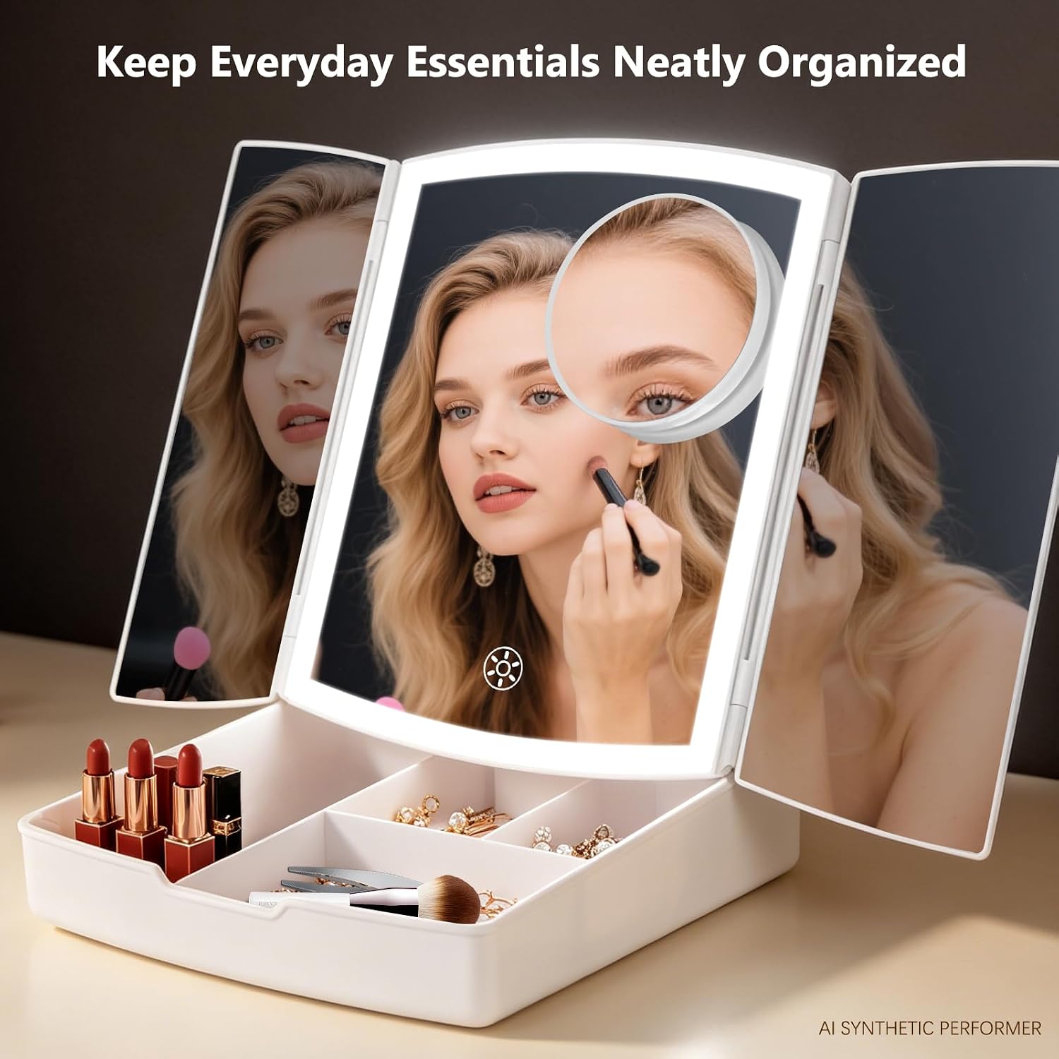 Makeup Mirror With Lights, Tri-Fold Vanity Mirror, 3 Colors, 5X/10X