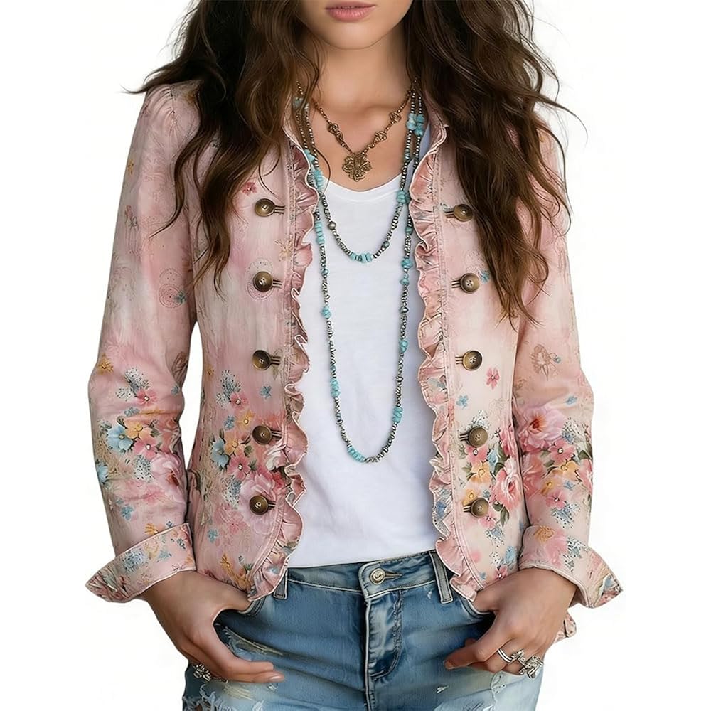 Women'S Floral Print Lightweight Long Sleeve Jacket Casual Spring Summer Blazer