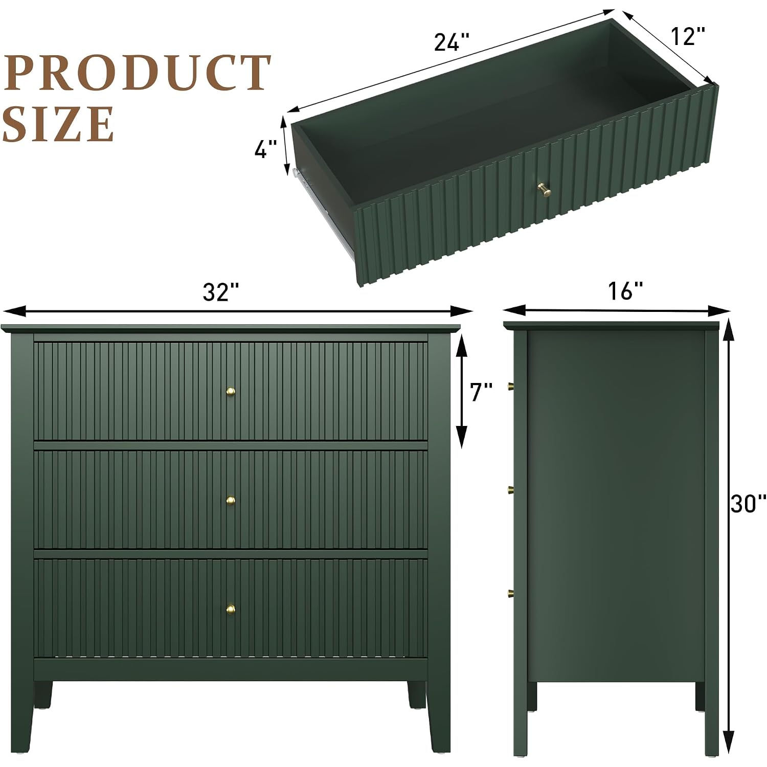 Royalcraft Fluted 3 Drawer Dresser, 32 Inch Wide Dresser Nightstand For Bedroom, Modern Wood Chest Of Drawers, Large Painted Nightstand With 3 Drawers For Closet, Hallway, Entryway, Dark Green