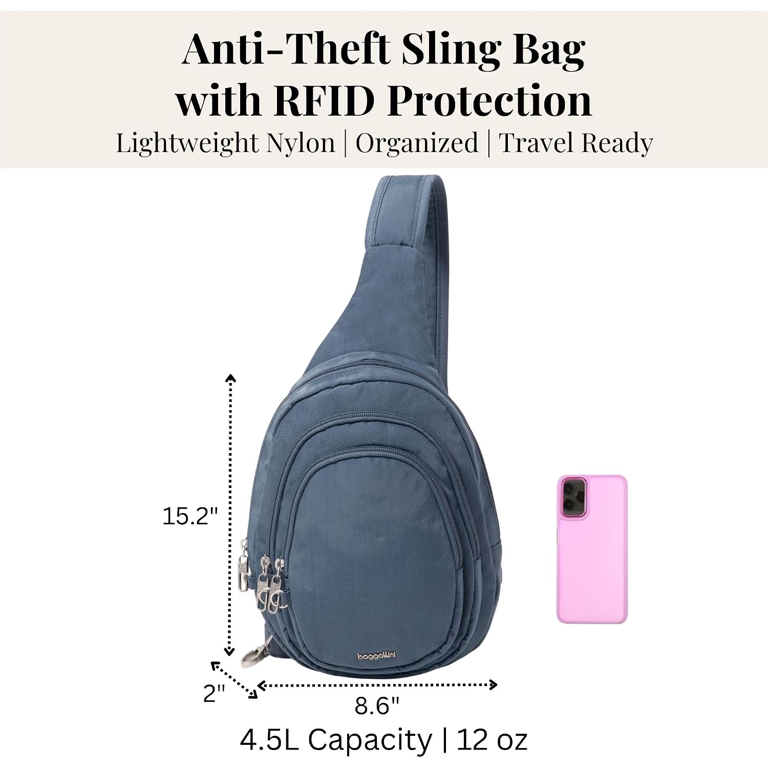 Baggallini Securtex® Anti-Theft Multi Zip Sling - Lightweight 8.6"X15.2" Travel Bag With Locking Zippers & Rfid Protection