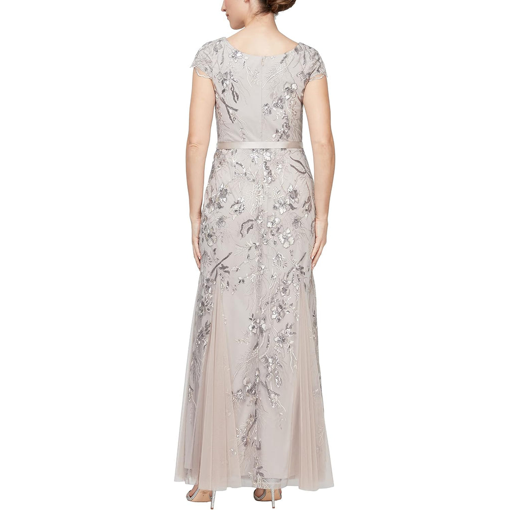 Alex Evenings Womens Long Length A-Line Sequin Lace V-Neck Mother Of The Bride Dress, Formal Event Gown With Short Sleeves