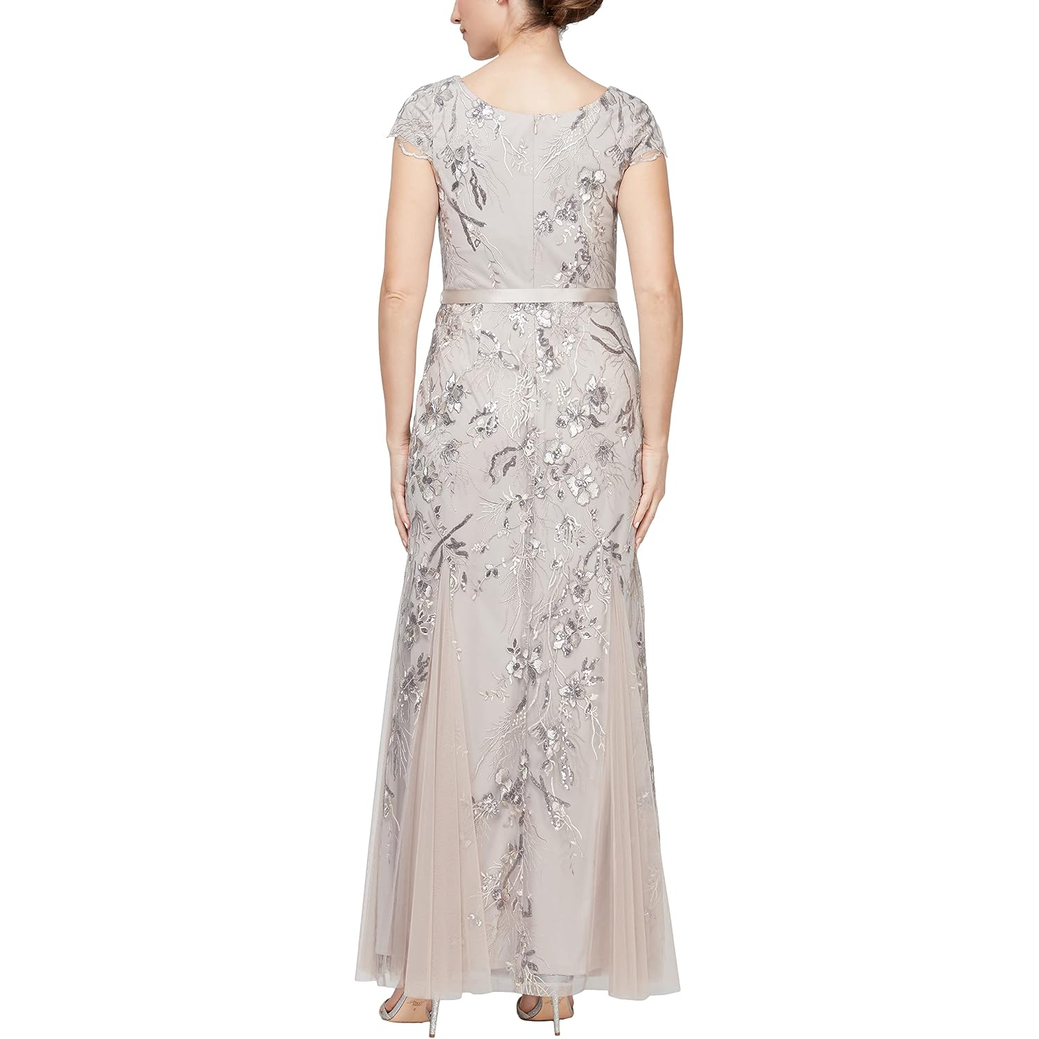 Alex Evenings Womens Long Length A-Line Sequin Lace V-Neck Mother Of The Bride Dress, Formal Event Gown With Short Sleeves