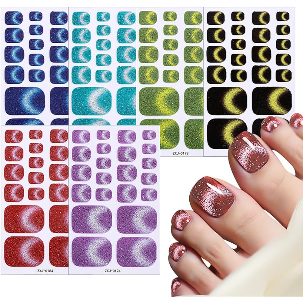 6Sheet/132Pcs Glitter Cat Eye Toe Nail Stickers Full Cover Gel Nail Wraps Strips Toenail Stickers Colorful Stick On Nail Polish Sticker for Toes Sticker Nails Self Adhesive 22Tip Toenail Nails Decals