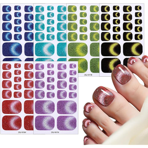 6Sheet/132Pcs Glitter Cat Eye Toe Nail Stickers Full Cover Gel Nail Wraps Strips Toenail Stickers Colorful Stick On Nail Polish Sticker for Toes Sticker Nails Self Adhesive 22Tip Toenail Nails Decals