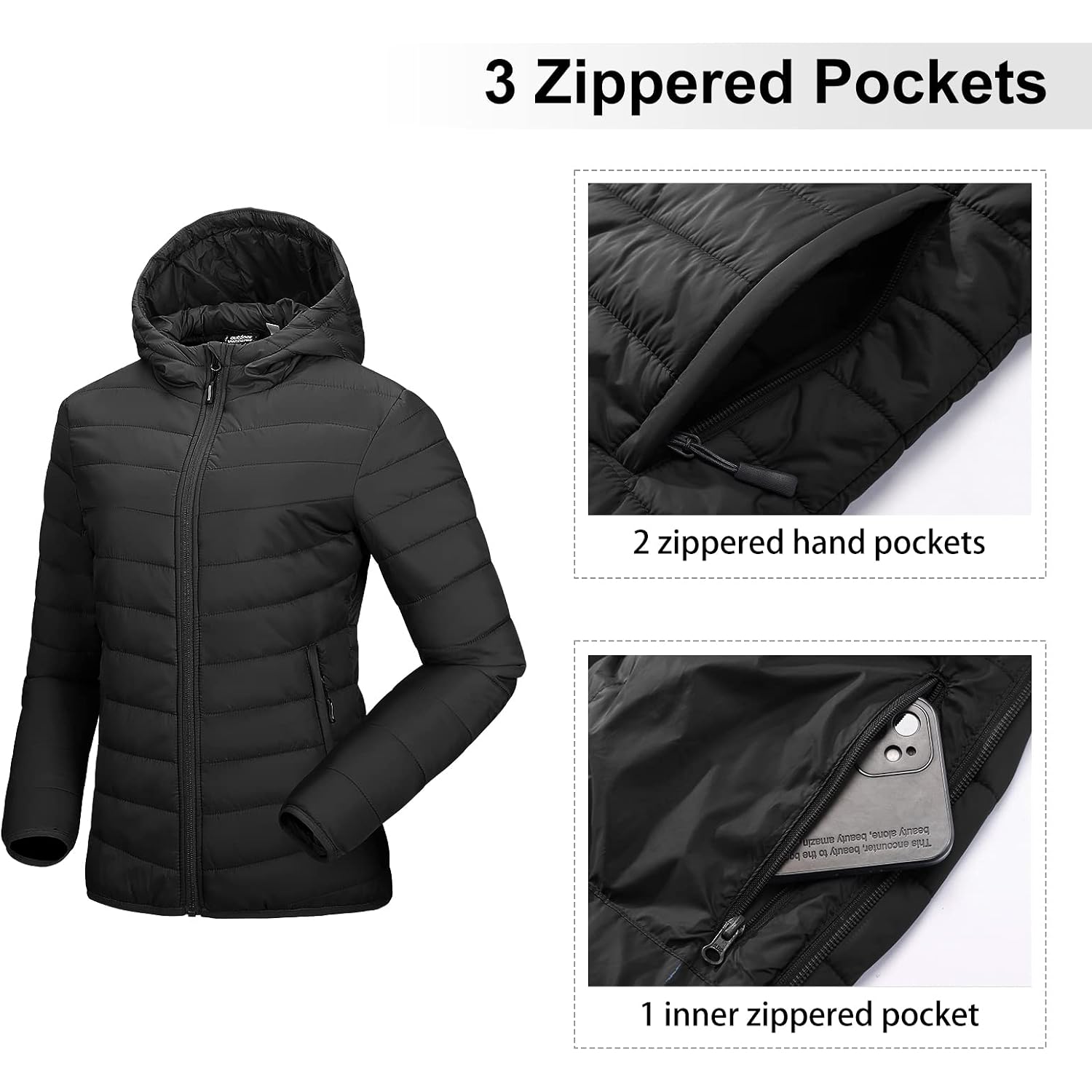 Outdoor Ventures Women'S Packable Lightweight Full-Zip Puffer Jacket With Hood Quilted Winter Coat