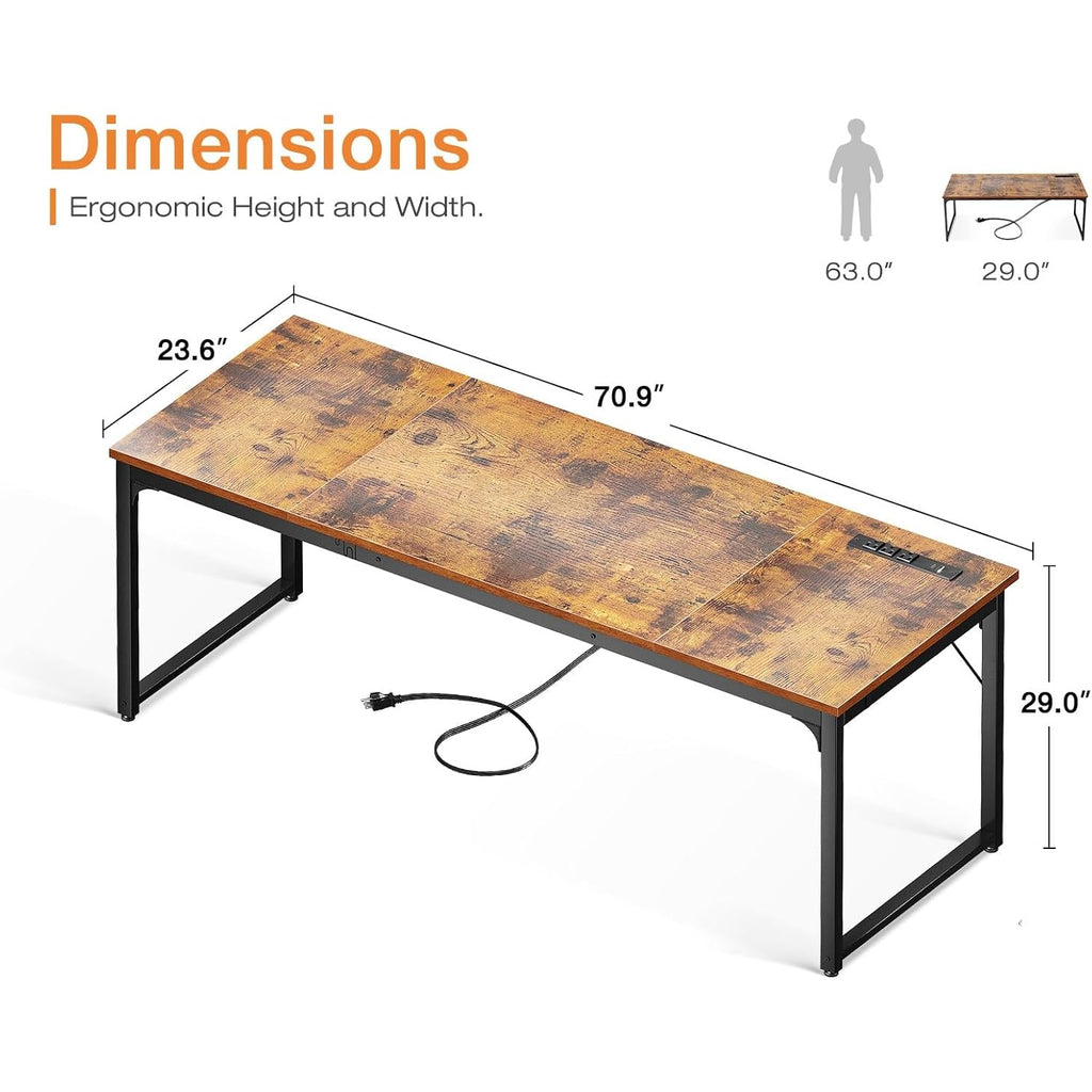 Coleshome 71 Inch Computer Desk With Usb Ports, Large Office Desk, Long Study Student Writing Desk, Rustic Brown
