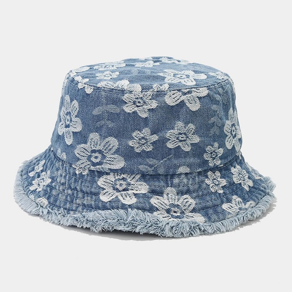 Frayed Unisex Sun Hats, Fashion Beach Bucket Hat for Men Women,Summer Outdoor Boy's Girls Boonie Cap Denim Floral L.blue