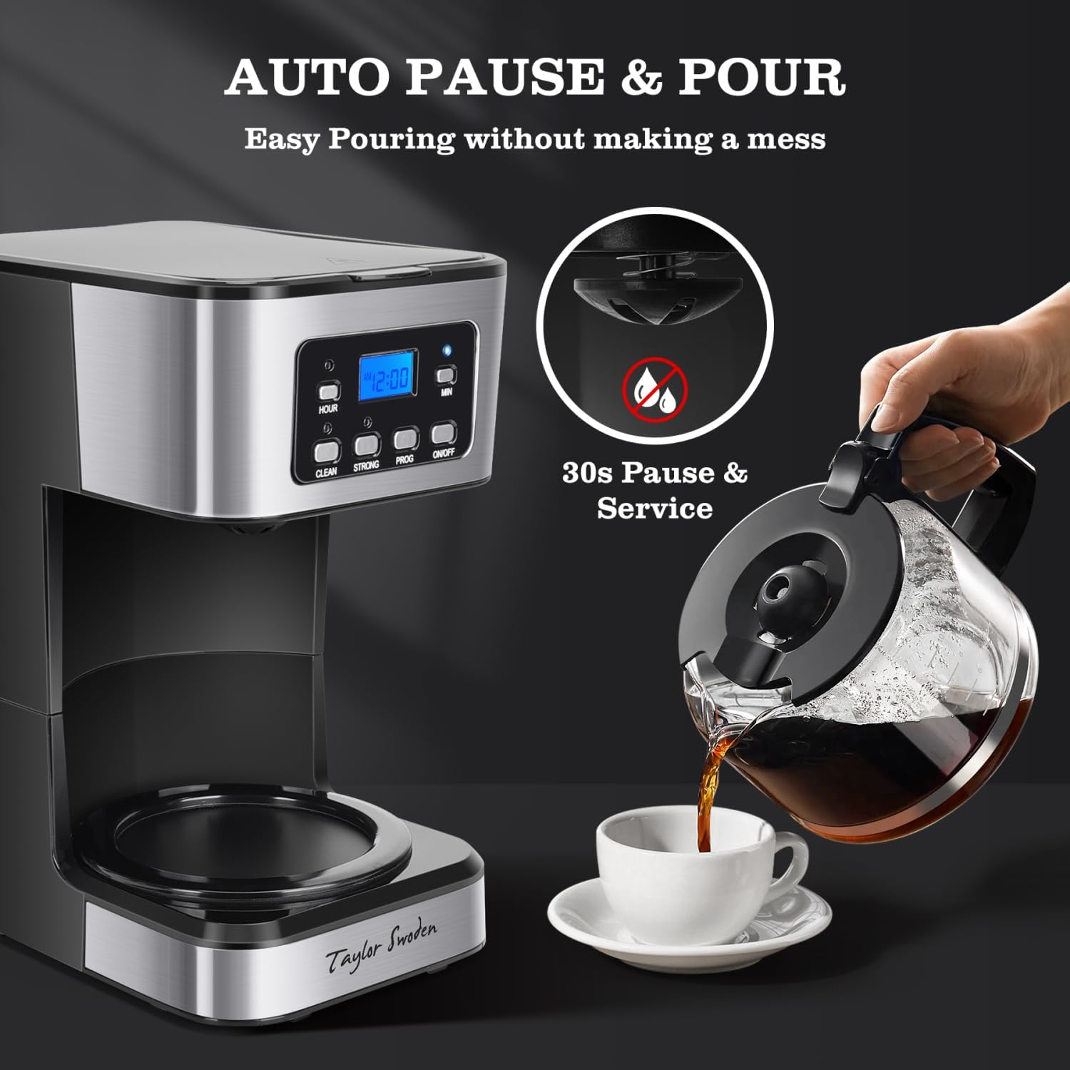 Taylor Swoden 12-Cup Programmable Coffee Maker, Regular & Strong Brew Drip Coffee Machine For Home And Office, Glass Carafe, Pause & Serve, Auto Shut Off, Black & Stainless Steel
