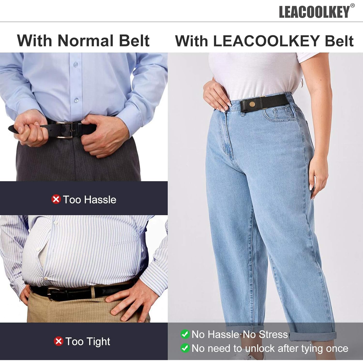 LEACOOLKEY No Buckle Stretch Belt for Women/Men—2 Pack Elastic Invisible Belt for Jeans