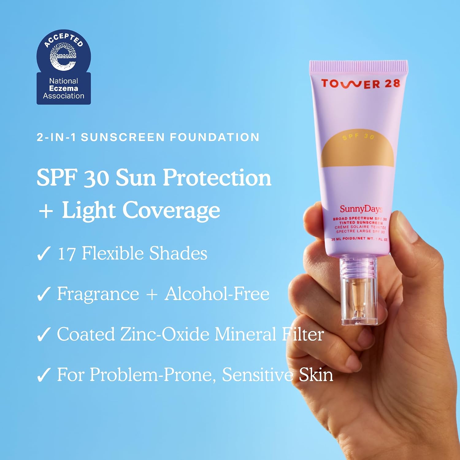 Tower 28 Sunnydays Spf 30 Tinted Moisturizer - 2-In-1 Buildable Coverage Foundation + Mineral Sunscreen For Face - Zinc Oxide, Aloe & Prickly Pear For Sensitive Skin - 10 Fair/Yellow (1 Oz)